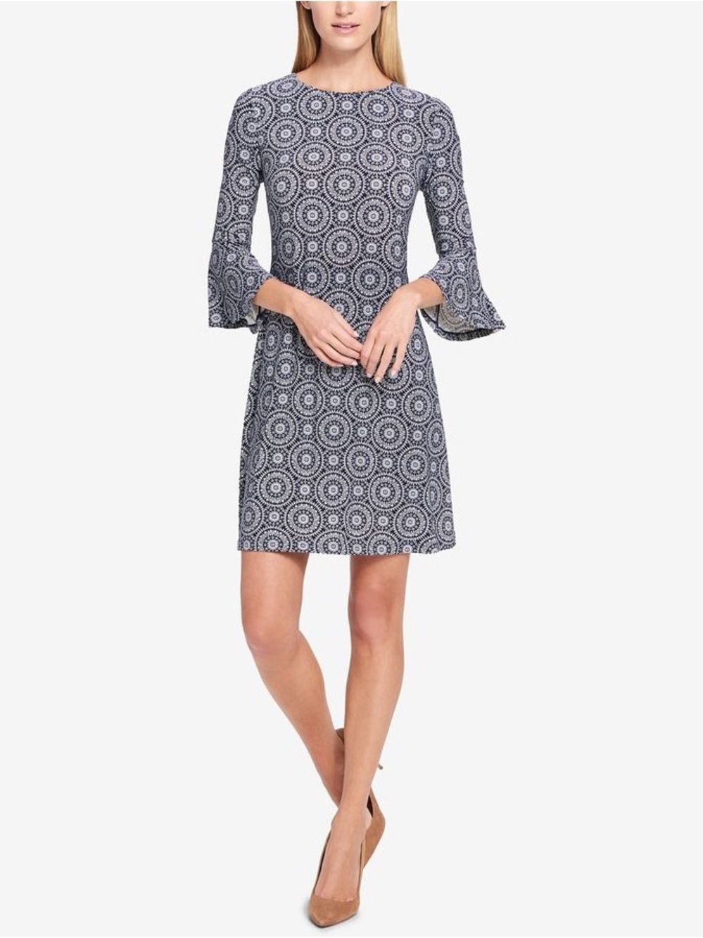 Tommy Hilfiger Navy and White Printed Bell-Sleeve Mini Dress